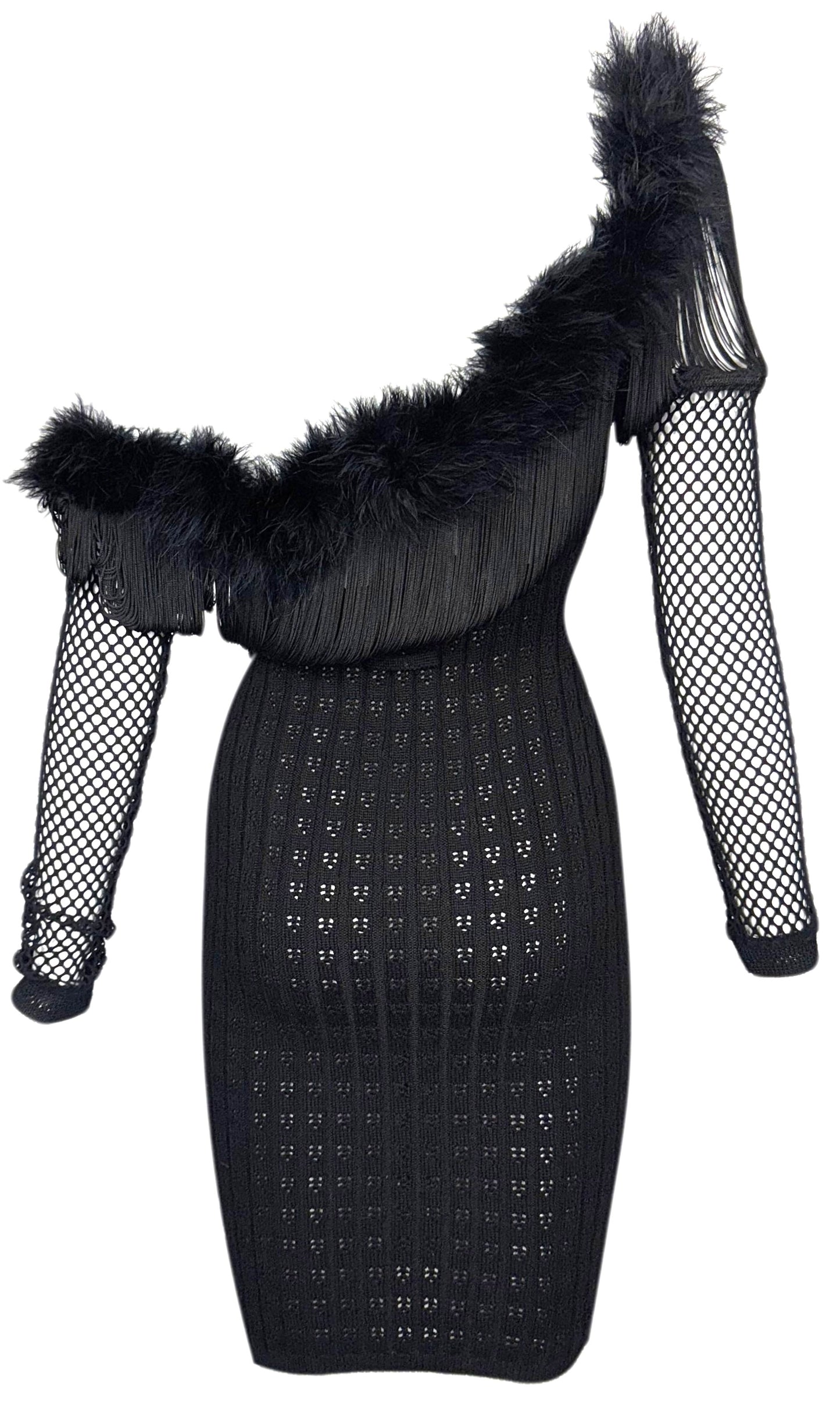 1990's Jean Paul Gaultier Sheer Black Fringe Chest Bodycon Knit Off Shoulder Feather Mini Dress