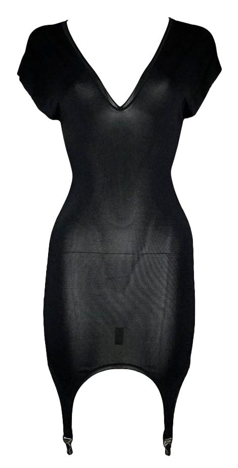1990's Jean Paul Gaultier Sheer Black Nylon Bodycon Lingerie Garter Suspender Mini Dress