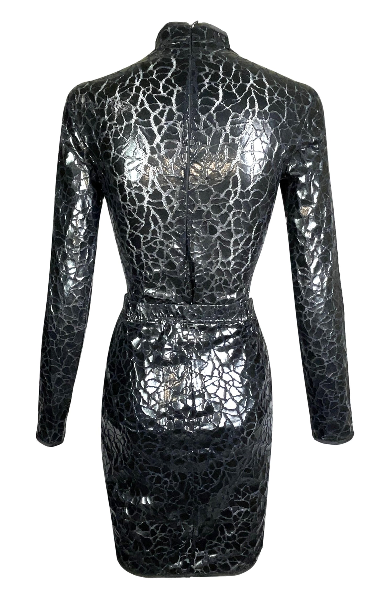 Vintage 1990's Thierry Mugler Black Patent Cut-Out Bodycon Bodysuit & Skirt Set Dress