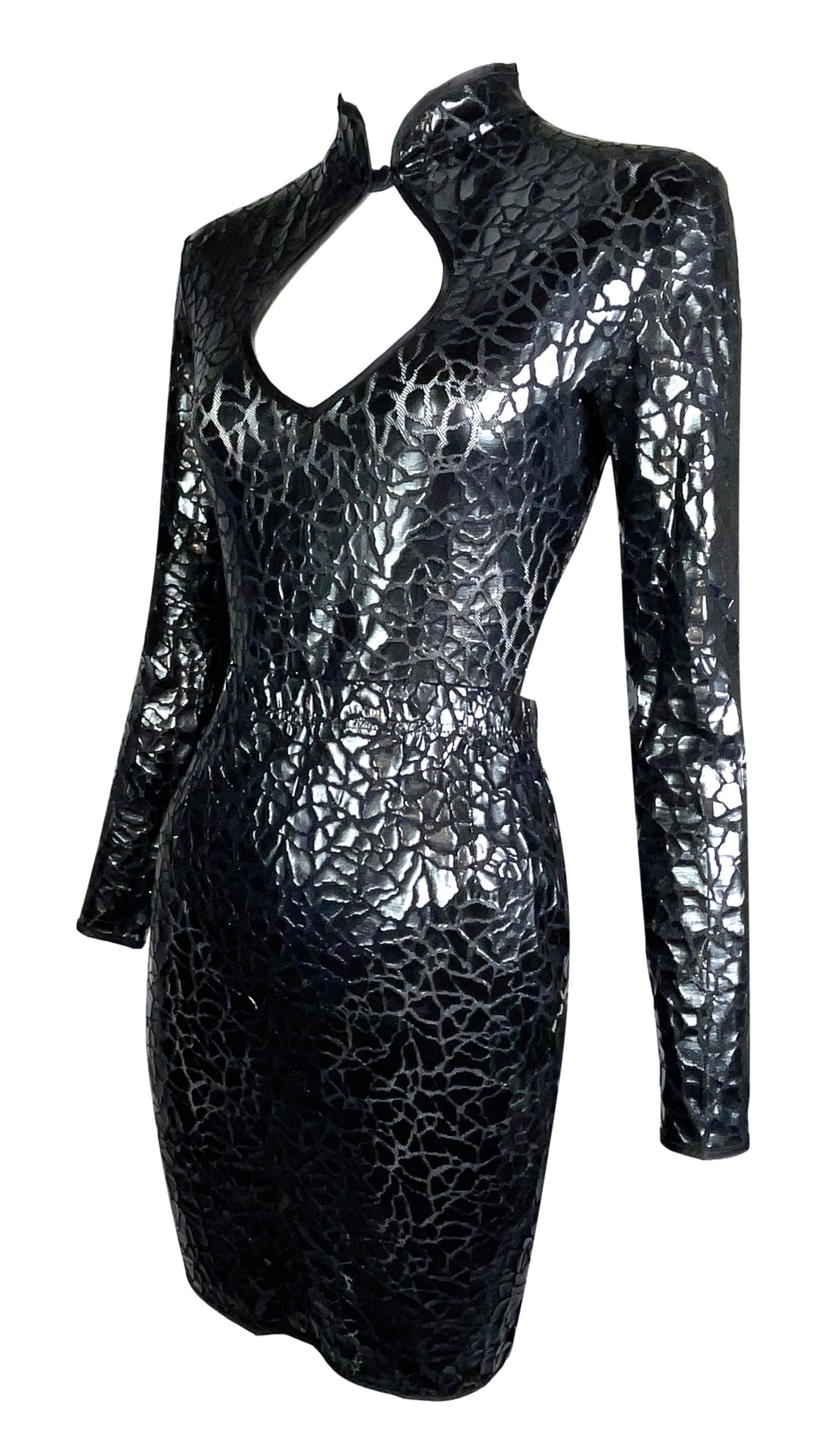 Vintage 1990's Thierry Mugler Black Patent Cut-Out Bodycon Bodysuit & Skirt Set Dress