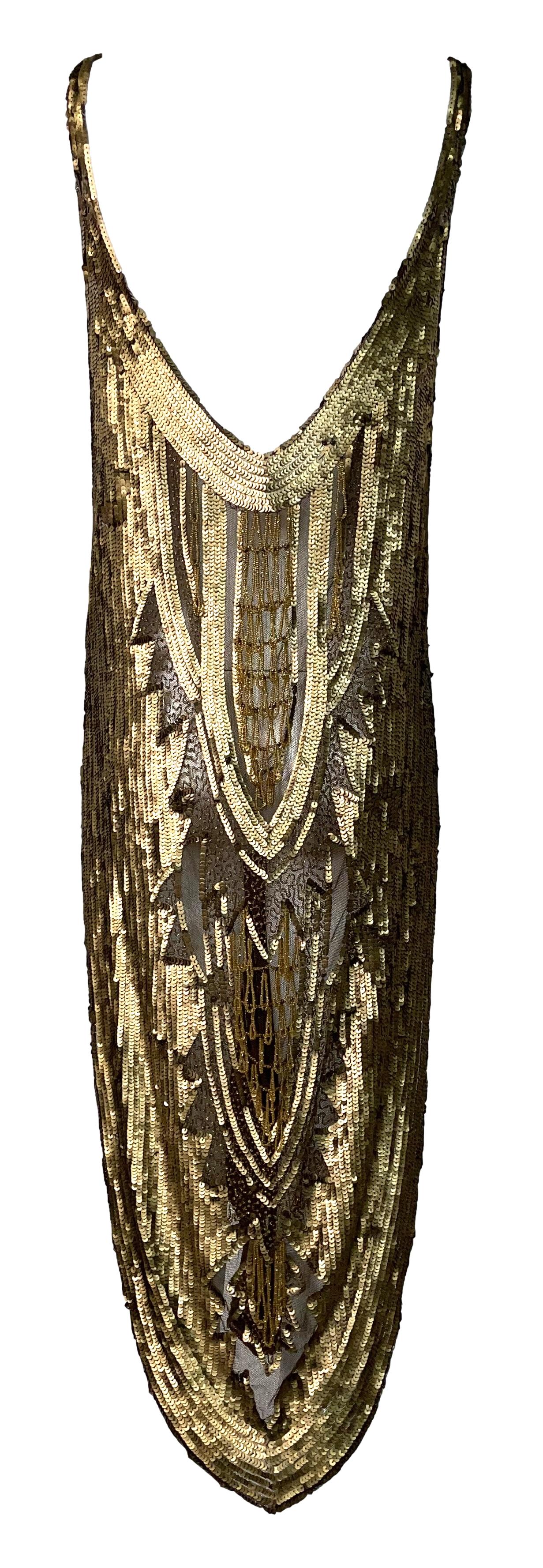 Vintage 1990's Norma Kamali Egyptian Gold Cleopatra Plunging High Slit Dress