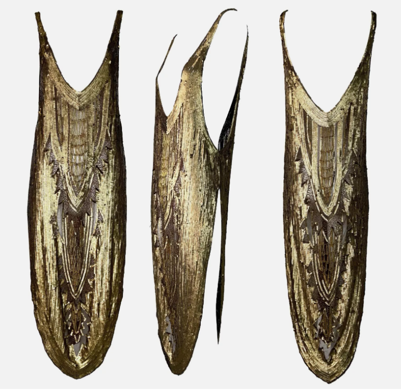 Vintage 1990's Norma Kamali Egyptian Gold Cleopatra Plunging High Slit Dress