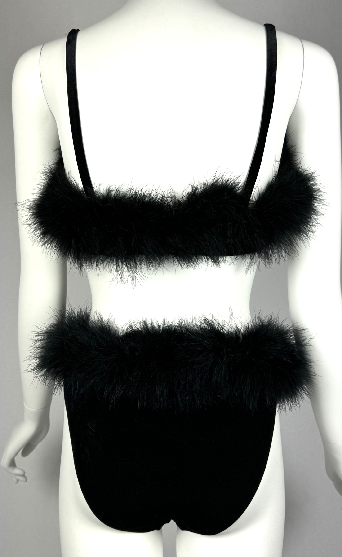 NWT 1990's Dolce & Gabbana Pin-Up Black Velvet Feather Crop Top & Panty Set