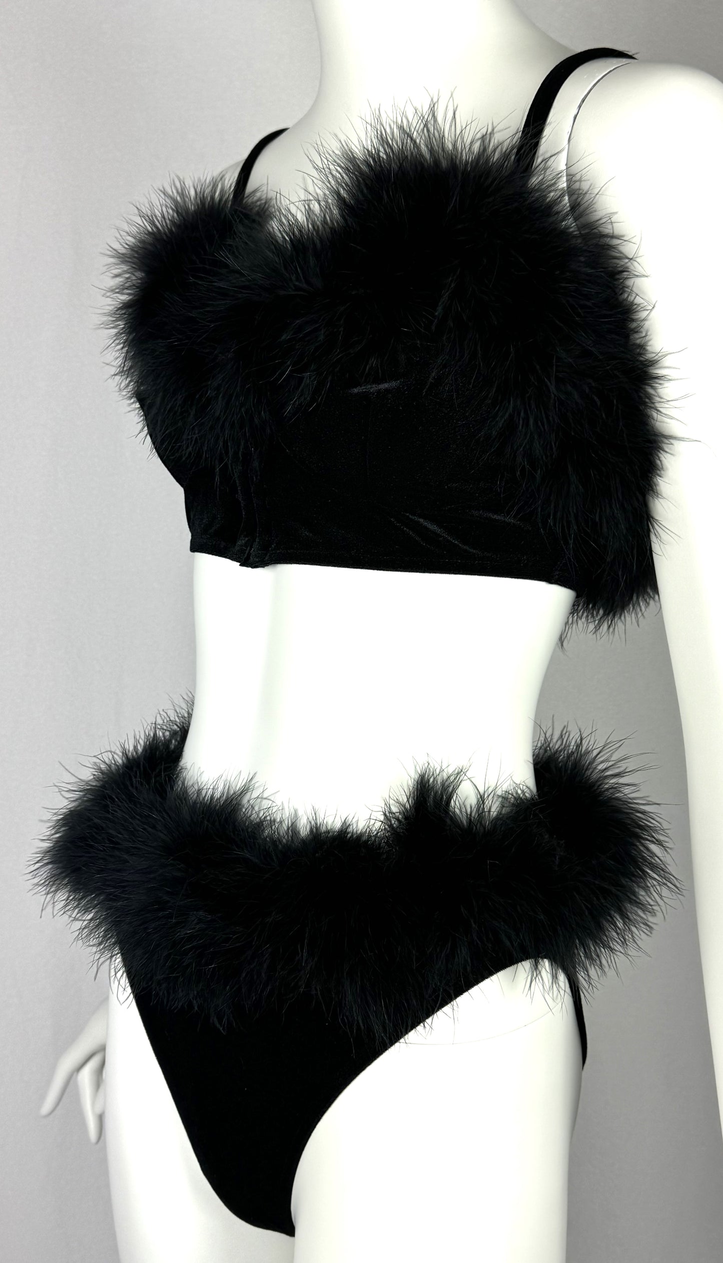 NWT 1990's Dolce & Gabbana Pin-Up Black Velvet Feather Crop Top & Panty Set