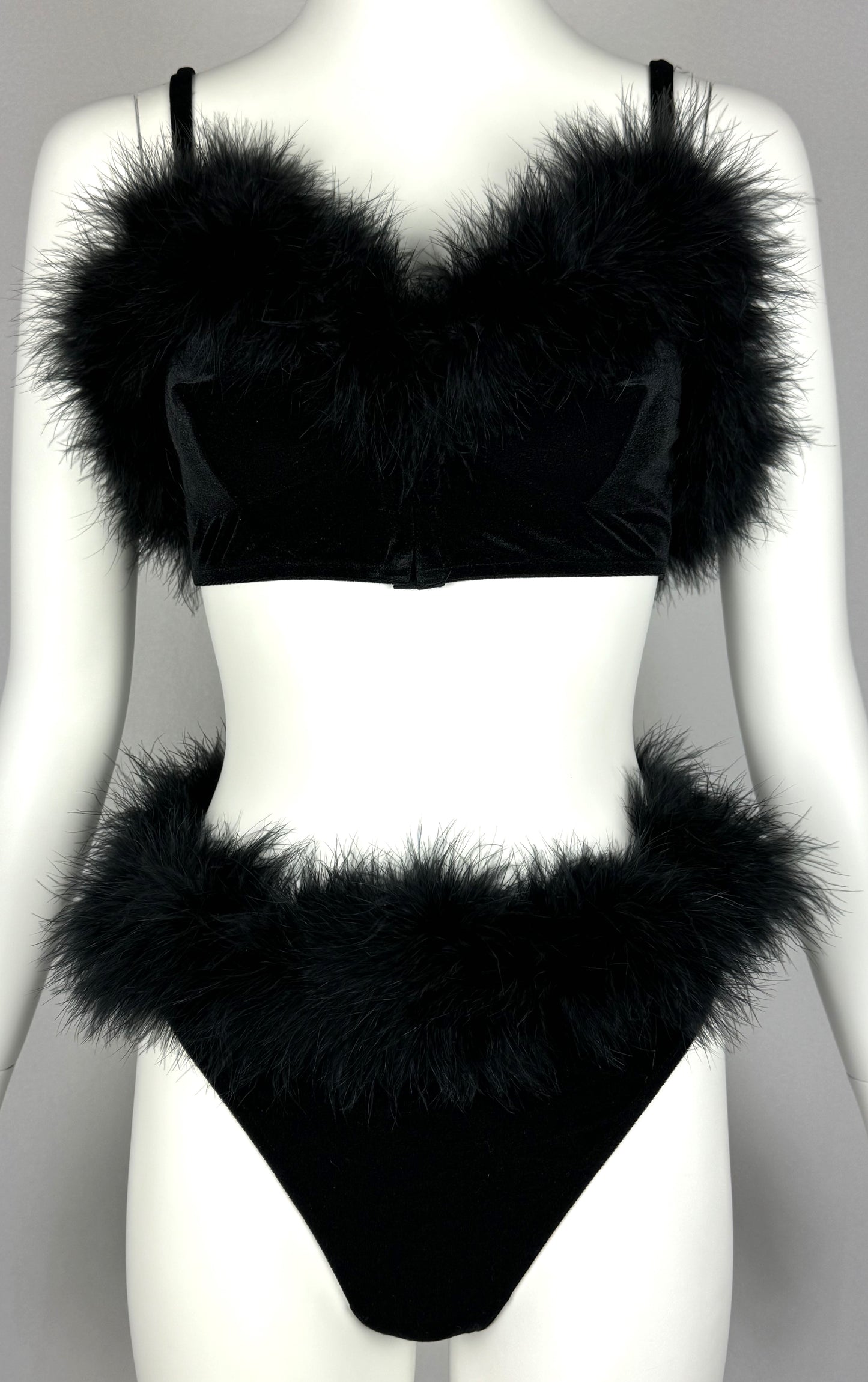 NWT 1990's Dolce & Gabbana Pin-Up Black Velvet Feather Crop Top & Panty Set