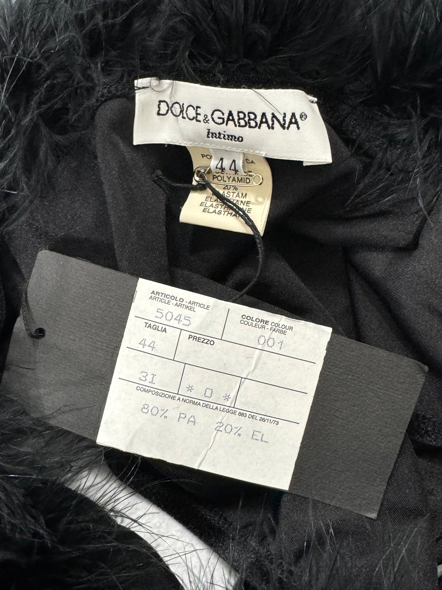 NWT 1990's Dolce & Gabbana Pin-Up Black Velvet Feather Crop Top & Panty Set