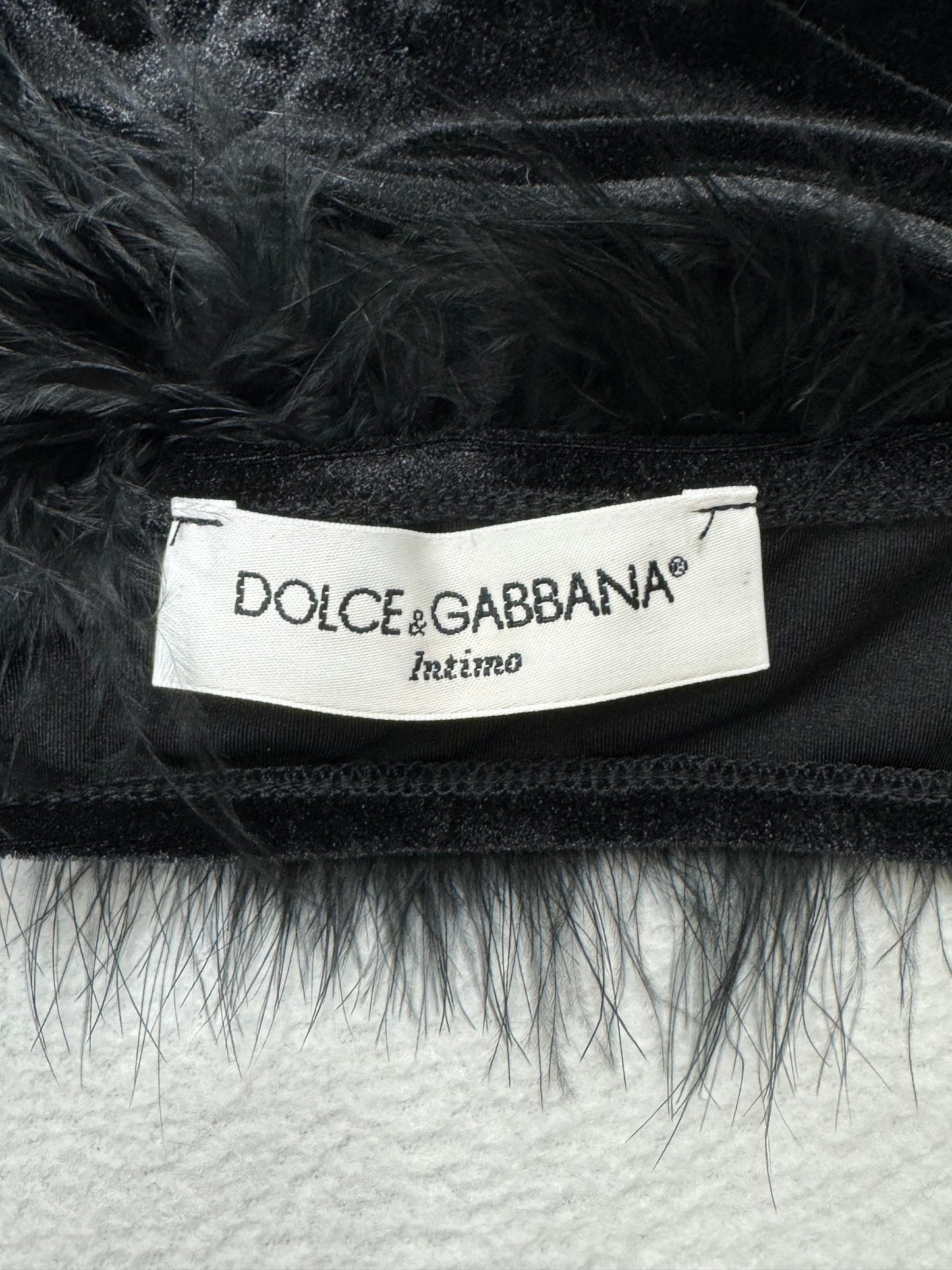 NWT 1990's Dolce & Gabbana Pin-Up Black Velvet Feather Crop Top & Panty Set