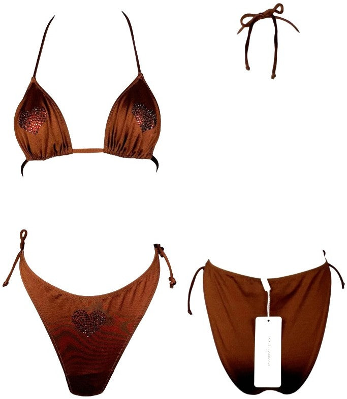 NWT 1990's Dolce & Gabbana Red Crystal Heart Bronze Bikini Swimwear