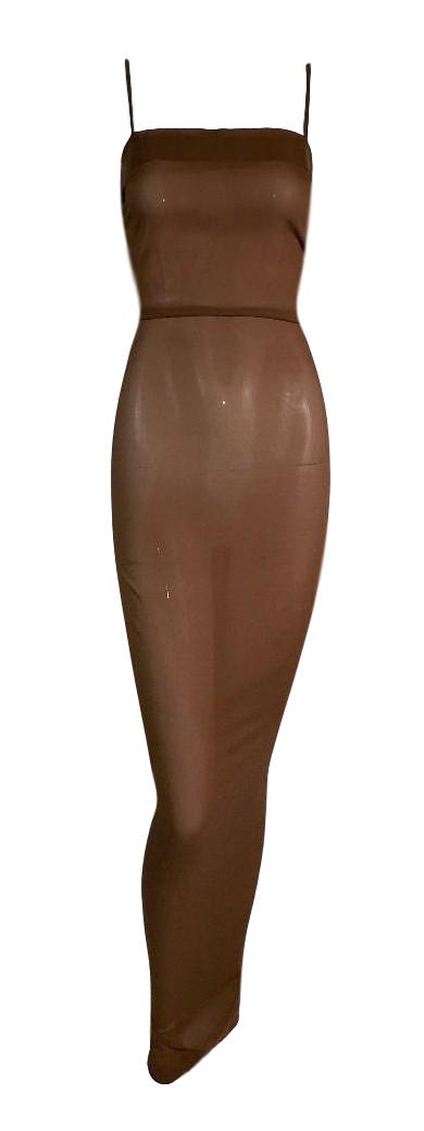 Vintage NWT 1990's Dolce & Gabbana Sheer Tan Stretch Silk Wiggle Maxi Dress