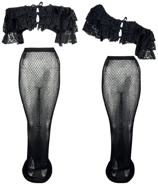 NWT 1990's Dolce & Gabbana Sexy Spanish Pin-Up Black Ruffle Off Shoulder Crop Top & Wiggle Fishnet Maxi Skirt Set