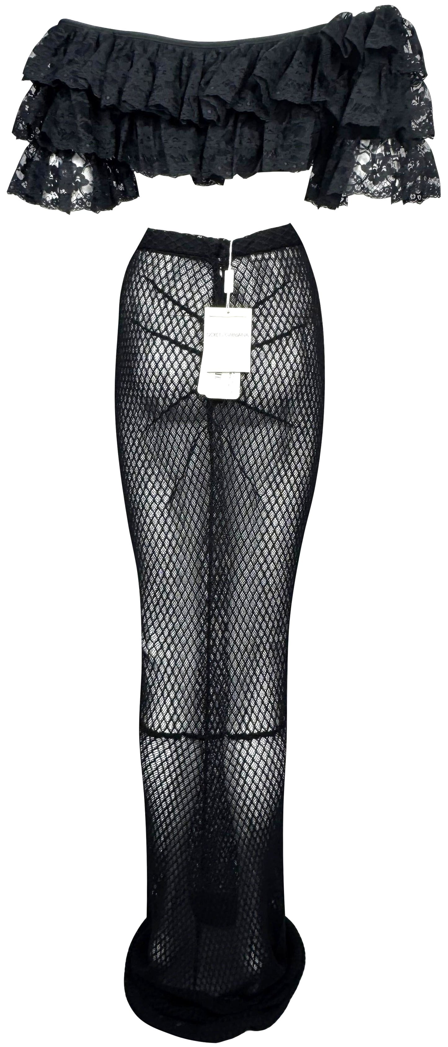 NWT 1990's Dolce & Gabbana Sexy Spanish Pin-Up Black Ruffle Off Shoulder Crop Top & Wiggle Fishnet Maxi Skirt Set
