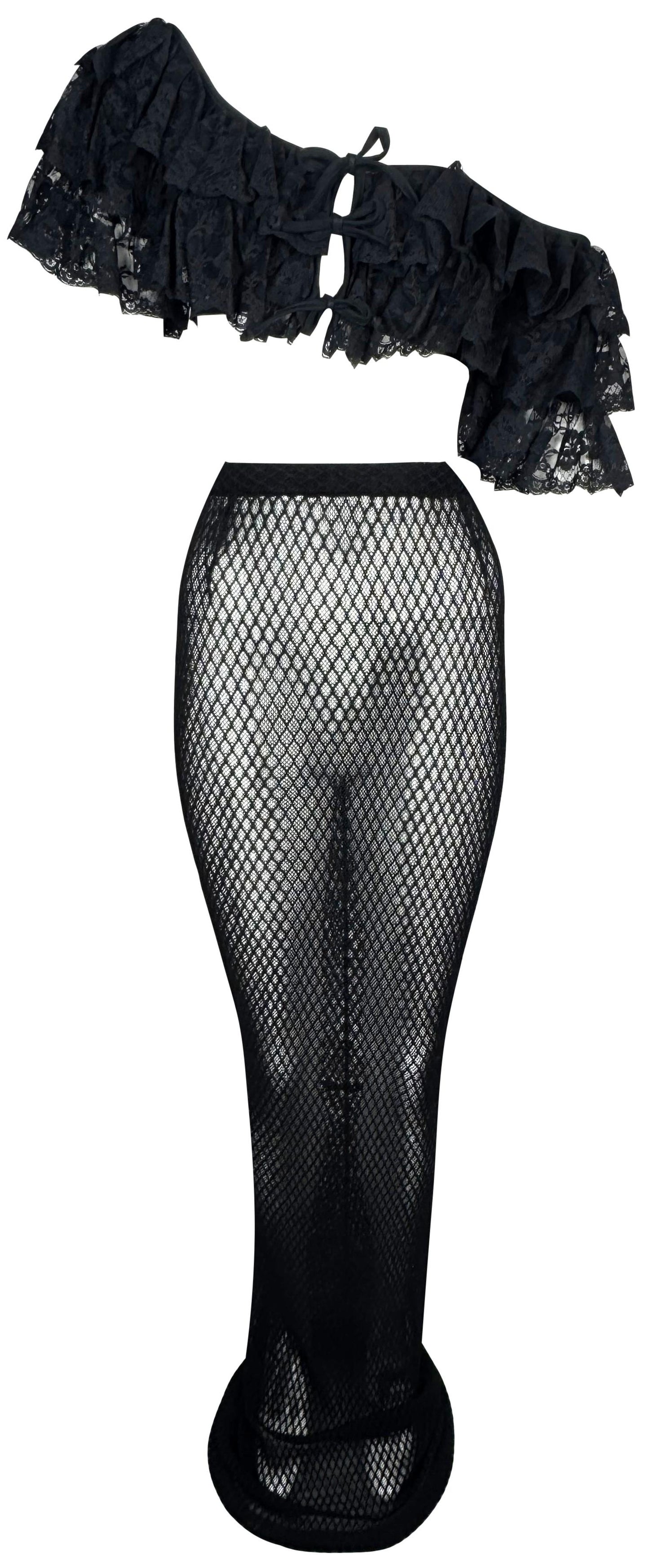 NWT 1990's Dolce & Gabbana Sexy Spanish Pin-Up Black Ruffle Off Shoulder Crop Top & Wiggle Fishnet Maxi Skirt Set