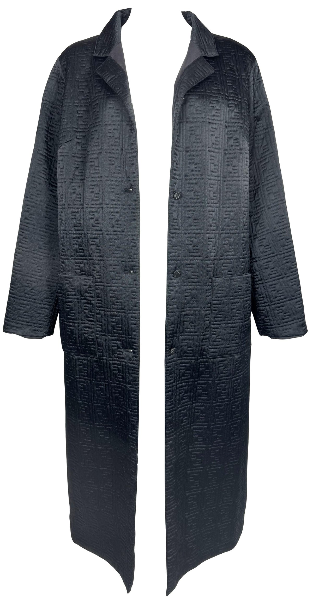NWT 1990's Fendi x Karl Lagerfeld Black Logo Monogram Long Trench Coat Jacket