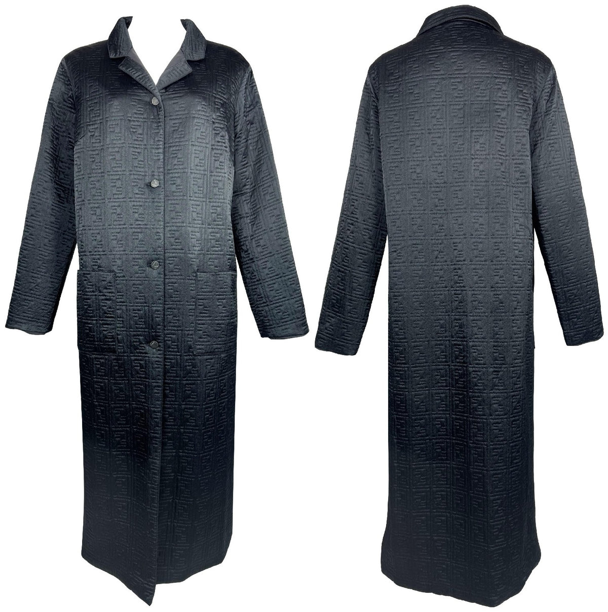 NWT 1990's Fendi x Karl Lagerfeld Black Logo Monogram Long Trench Coat Jacket