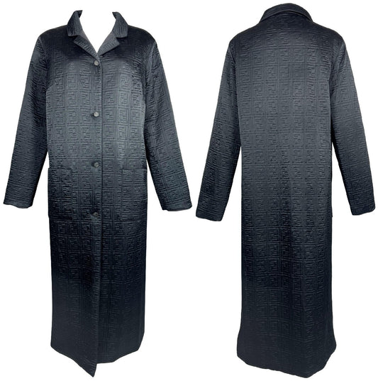 NWT 1990's Fendi x Karl Lagerfeld Black Logo Monogram Long Trench Coat Jacket