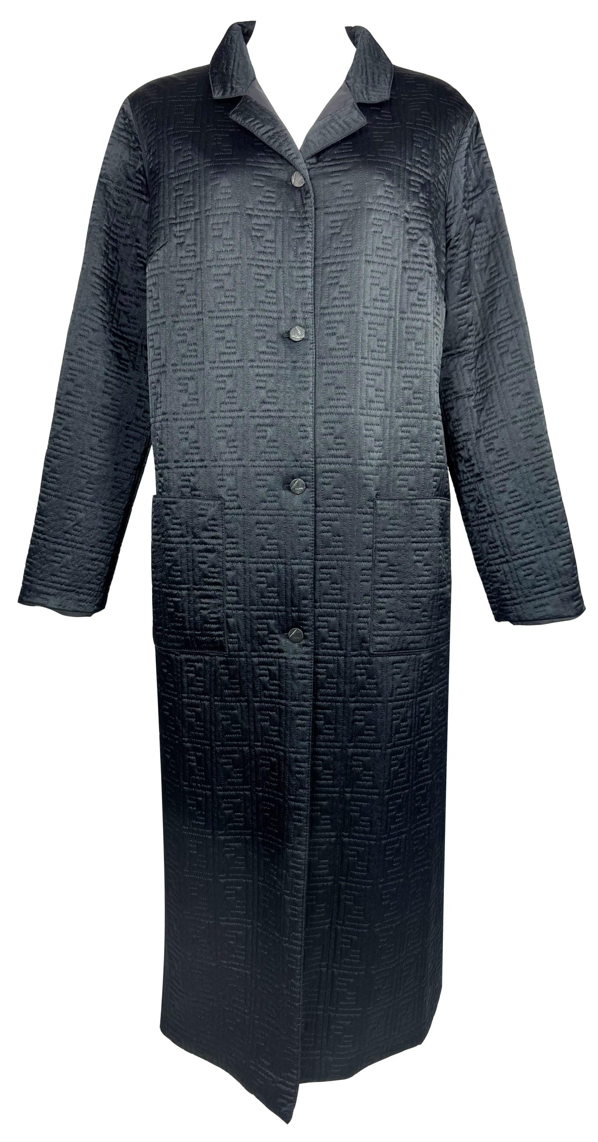 NWT 1990's Fendi x Karl Lagerfeld Black Logo Monogram Long Trench Coat Jacket