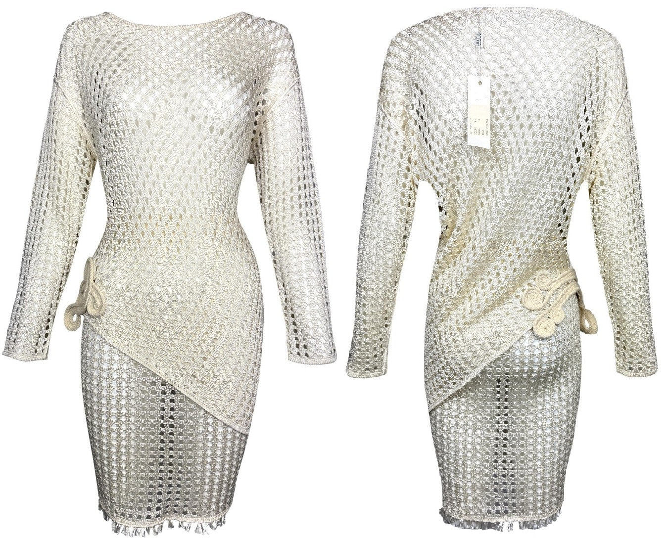 NWT 1990's Gianfranco Ferre Sheer Cream Fishnet Knit Asymmetrical Tunic & Mini Skirt Set