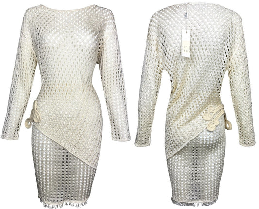 NWT 1990's Gianfranco Ferre Sheer Cream Fishnet Knit Asymmetrical Tunic & Mini Skirt Set