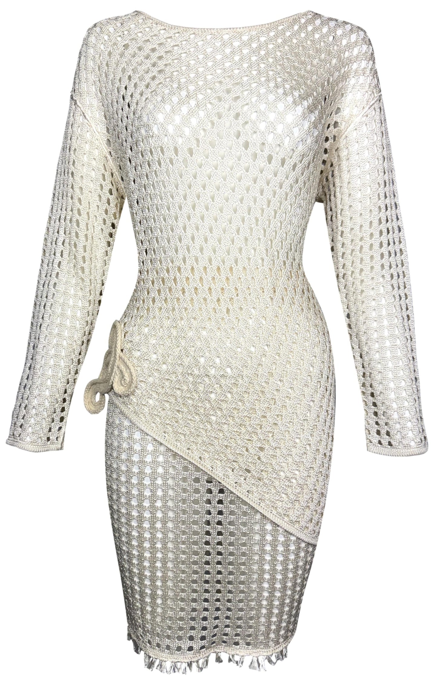 NWT 1990's Gianfranco Ferre Sheer Cream Fishnet Knit Asymmetrical Tunic & Mini Skirt Set