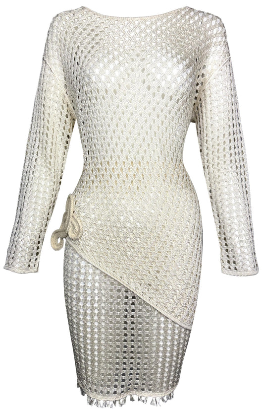 NWT 1990's Gianfranco Ferre Sheer Cream Fishnet Knit Asymmetrical Tunic & Mini Skirt Set