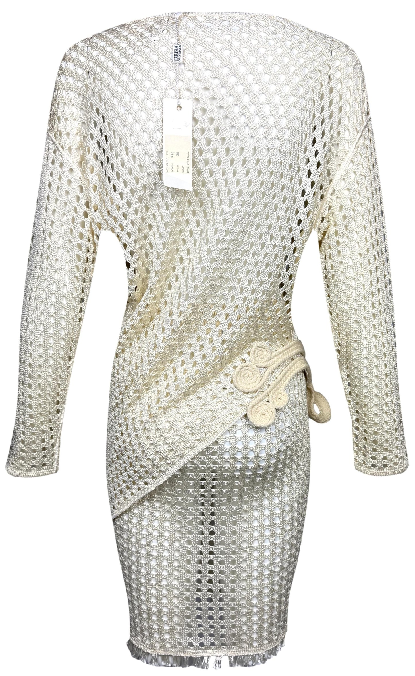 NWT 1990's Gianfranco Ferre Sheer Cream Fishnet Knit Asymmetrical Tunic & Mini Skirt Set