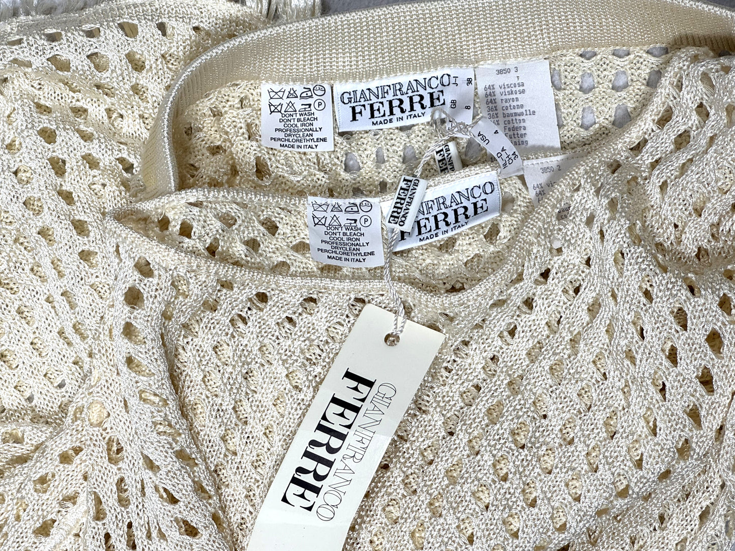 NWT 1990's Gianfranco Ferre Sheer Cream Fishnet Knit Asymmetrical Tunic & Mini Skirt Set