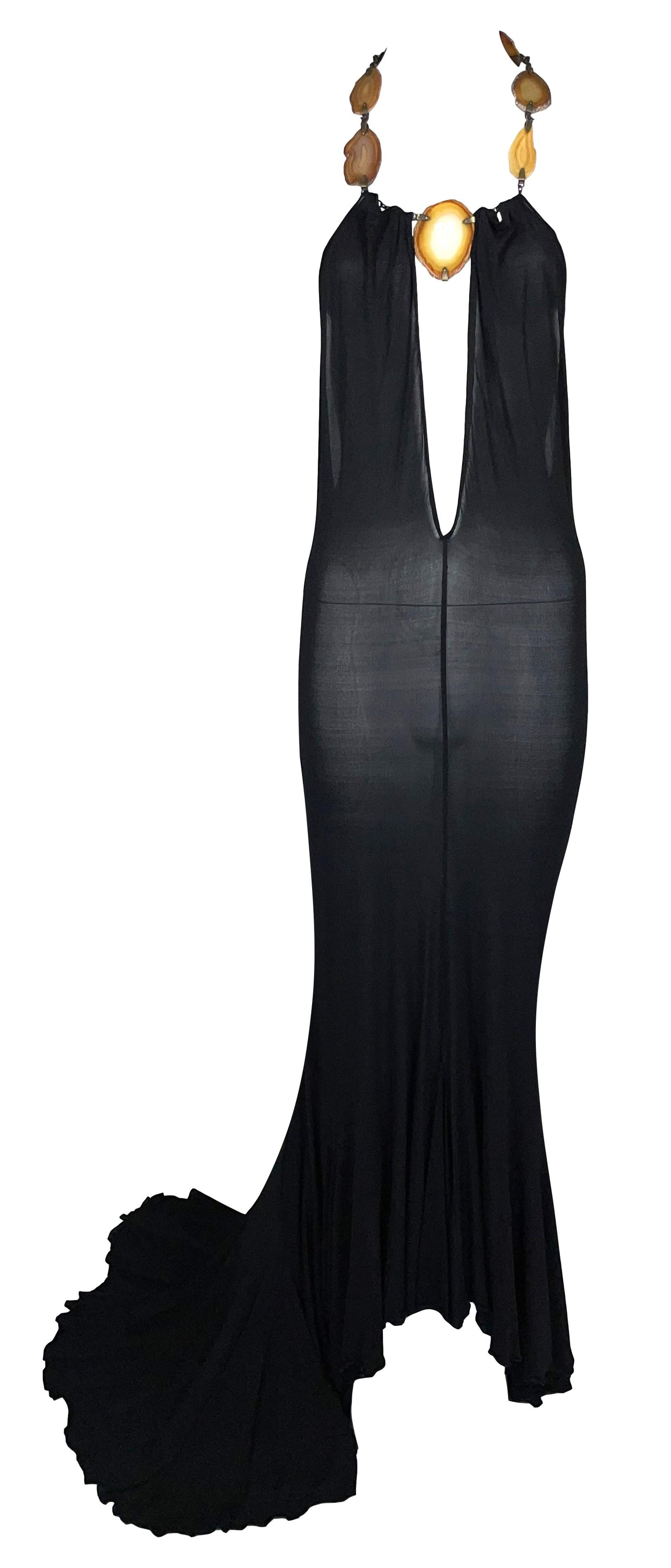 1990's Roberto Cavalli Sheer Black Plunging Crystal Geode Strap Gown Dress