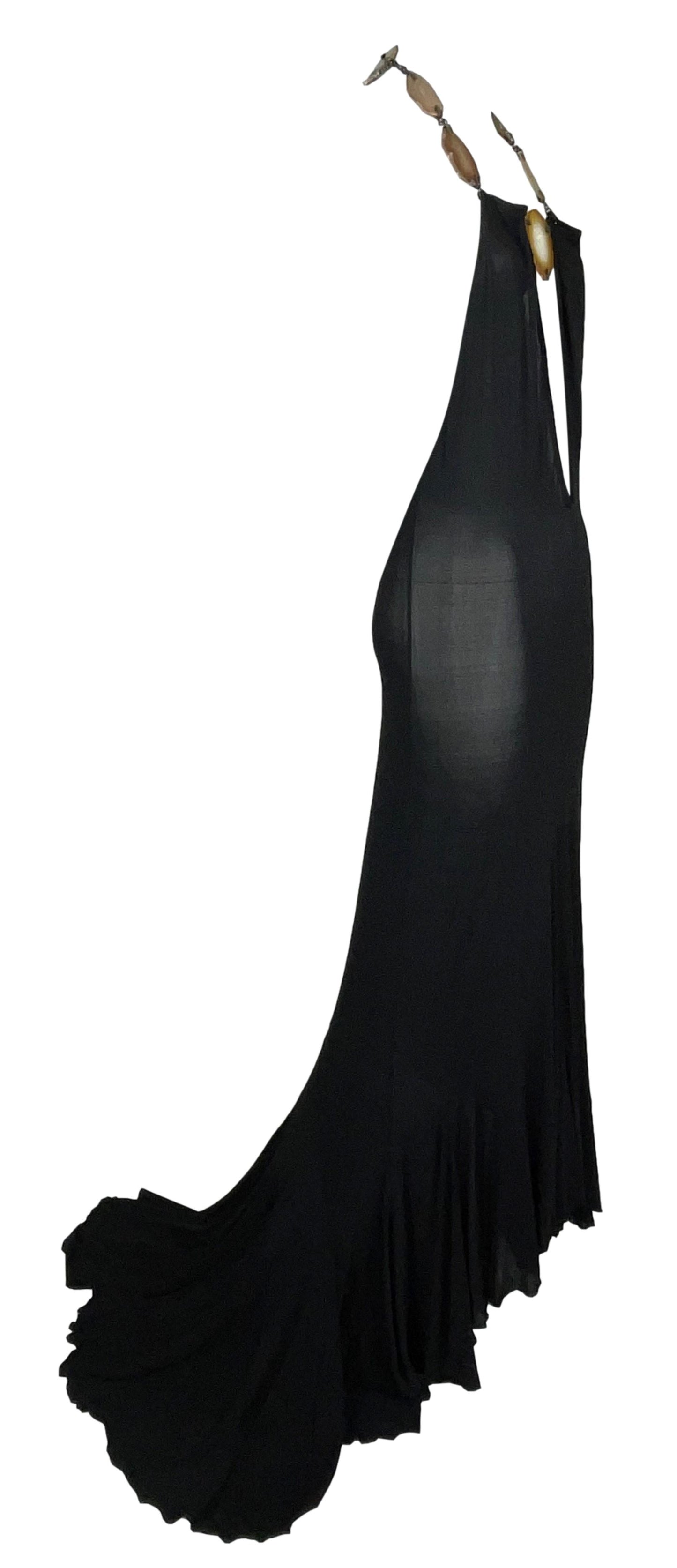 1990's Roberto Cavalli Sheer Black Plunging Crystal Geode Strap Gown Dress