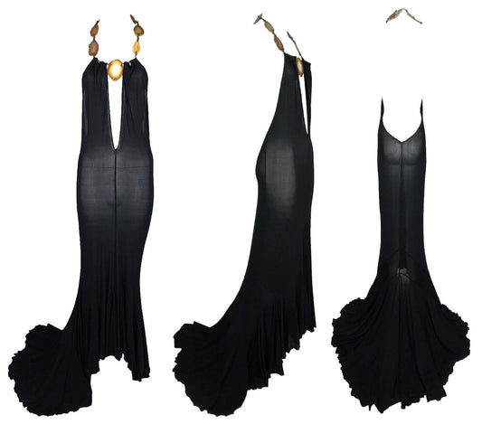 1990's Roberto Cavalli Sexy Sheer Black Nylon Blend Plunging Crystal Geode Strap Gown Dress