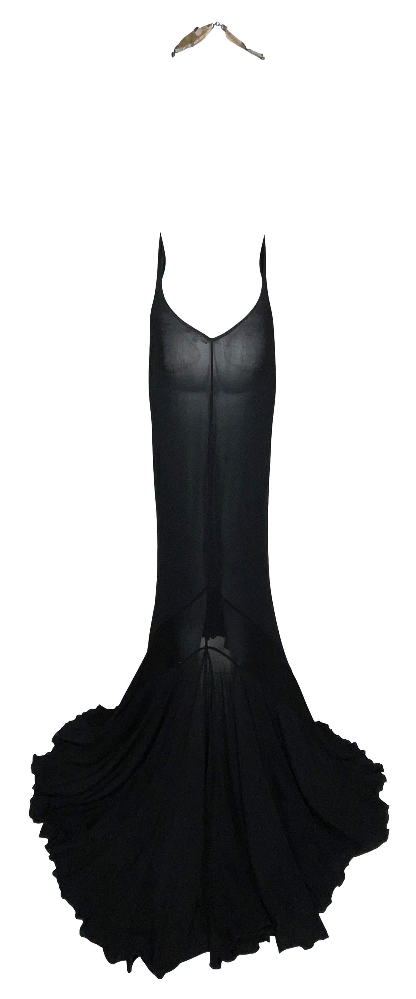 1990's Roberto Cavalli Sheer Black Plunging Crystal Geode Strap Gown Dress