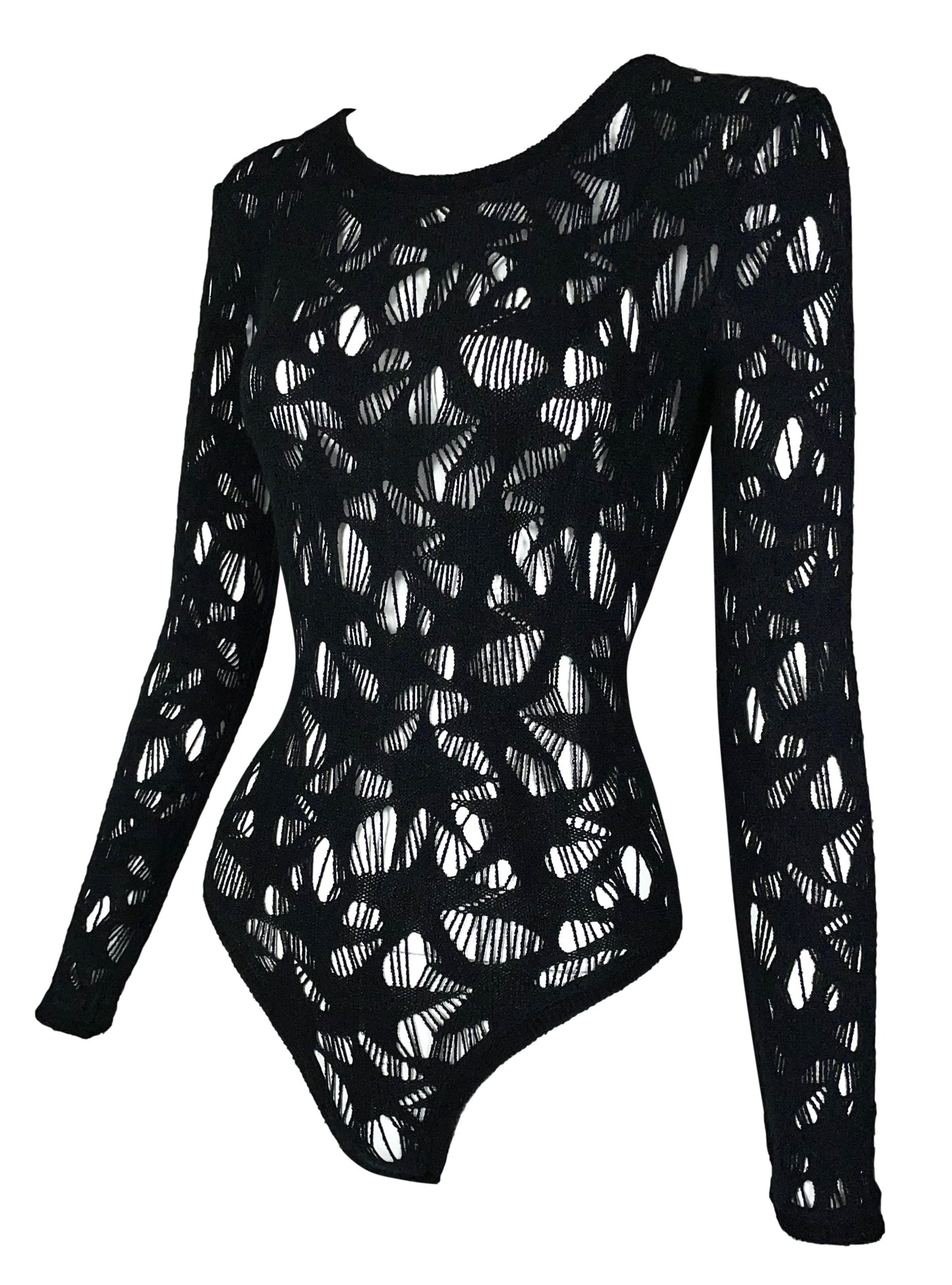 Vintage 1990's Thierry Mugler Sheer Star Knit Black Bodysuit Top