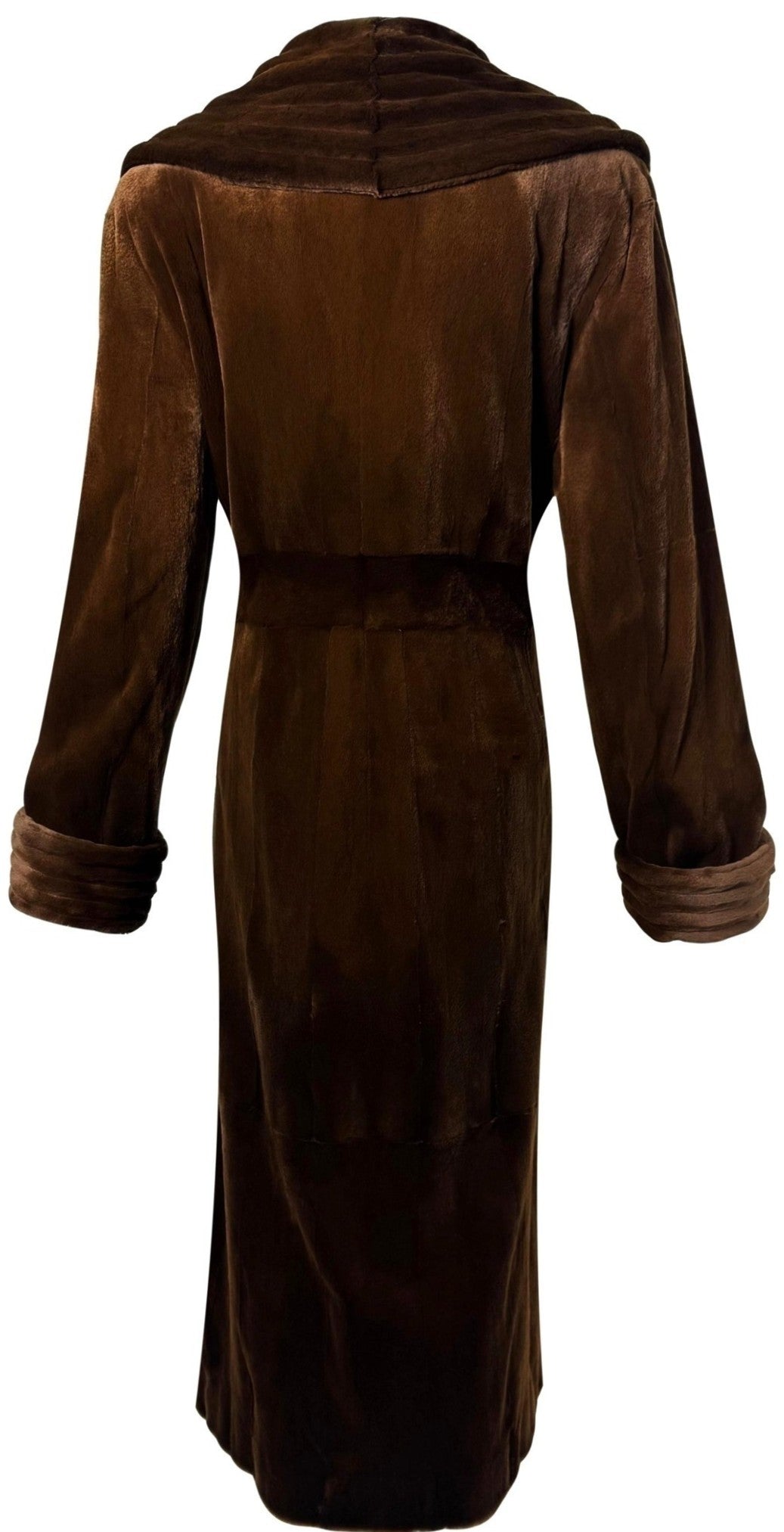 Vintage 1990's Valentino Couture 1940's Old Hollywood Style Brown Sheared Mink Fur Robe Style Full Length Maxi Coat Jacket