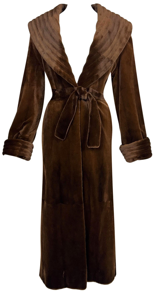 Vintage 1990's Valentino Couture 1940's Old Hollywood Style Brown Sheared Mink Fur Robe Style Full Length Maxi Coat Jacket