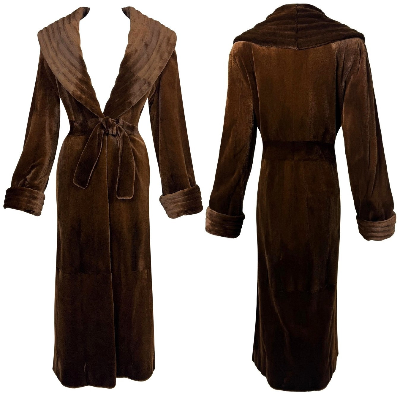 Vintage 1990's Valentino Couture 1940's Old Hollywood Style Brown Sheared Mink Fur Robe Style Full Length Maxi Coat Jacket