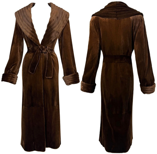 Vintage 1990's Valentino Couture 1940's Old Hollywood Style Brown Sheared Mink Fur Robe Style Full Length Maxi Coat Jacket