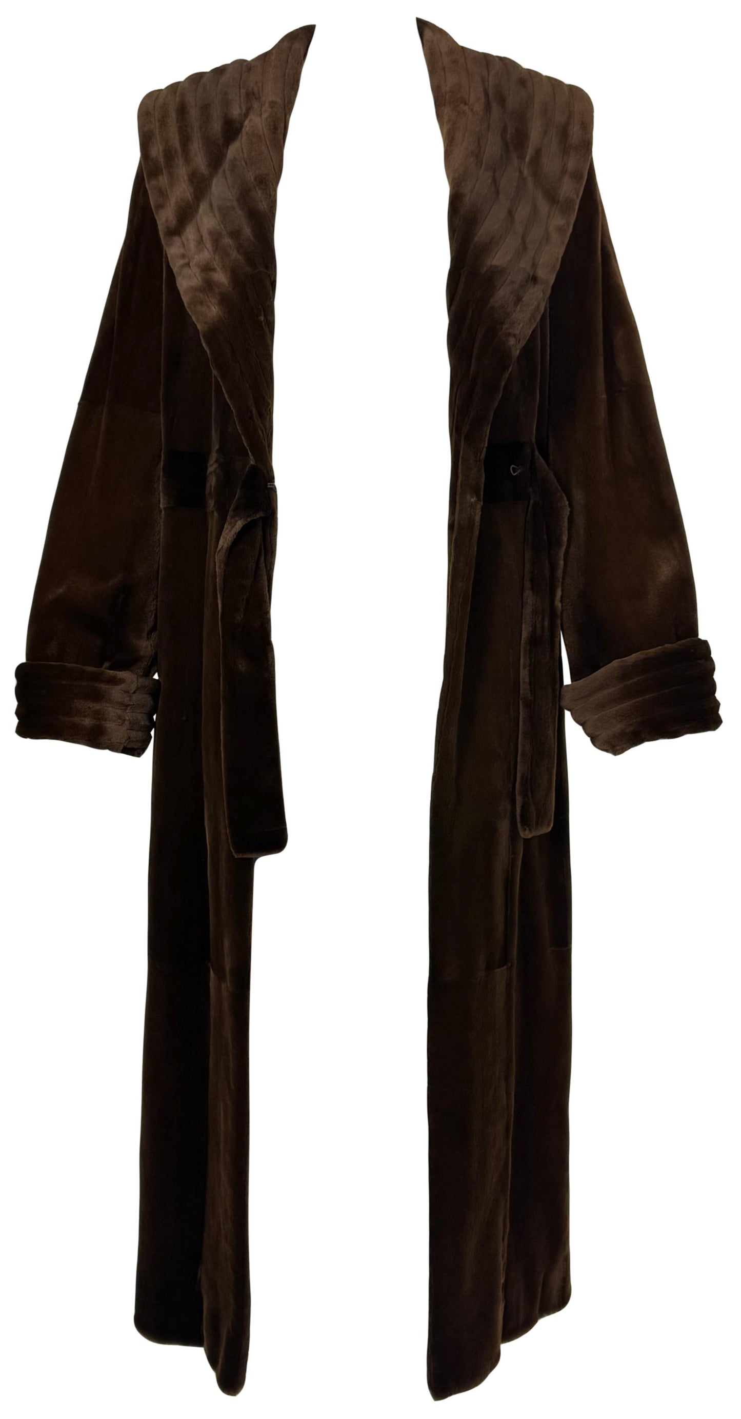 Vintage 1990's Valentino Couture 1940's Old Hollywood Style Brown Sheared Mink Fur Robe Style Full Length Maxi Coat Jacket