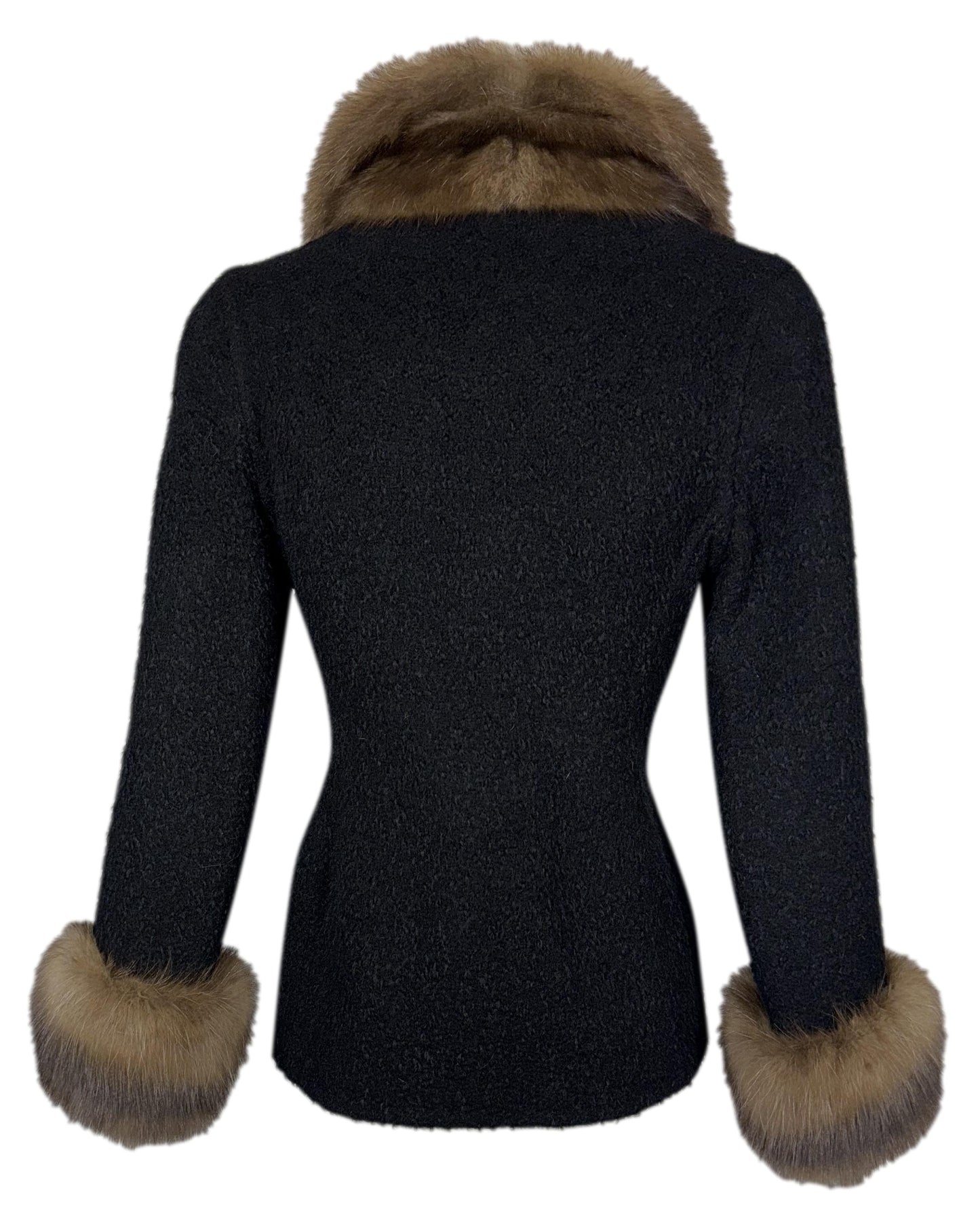 2000's Valentino Haute Couture Black Wool 1940's Old Hollywood Style Fitted Black Jacket w Sable Fur Trim & Collar