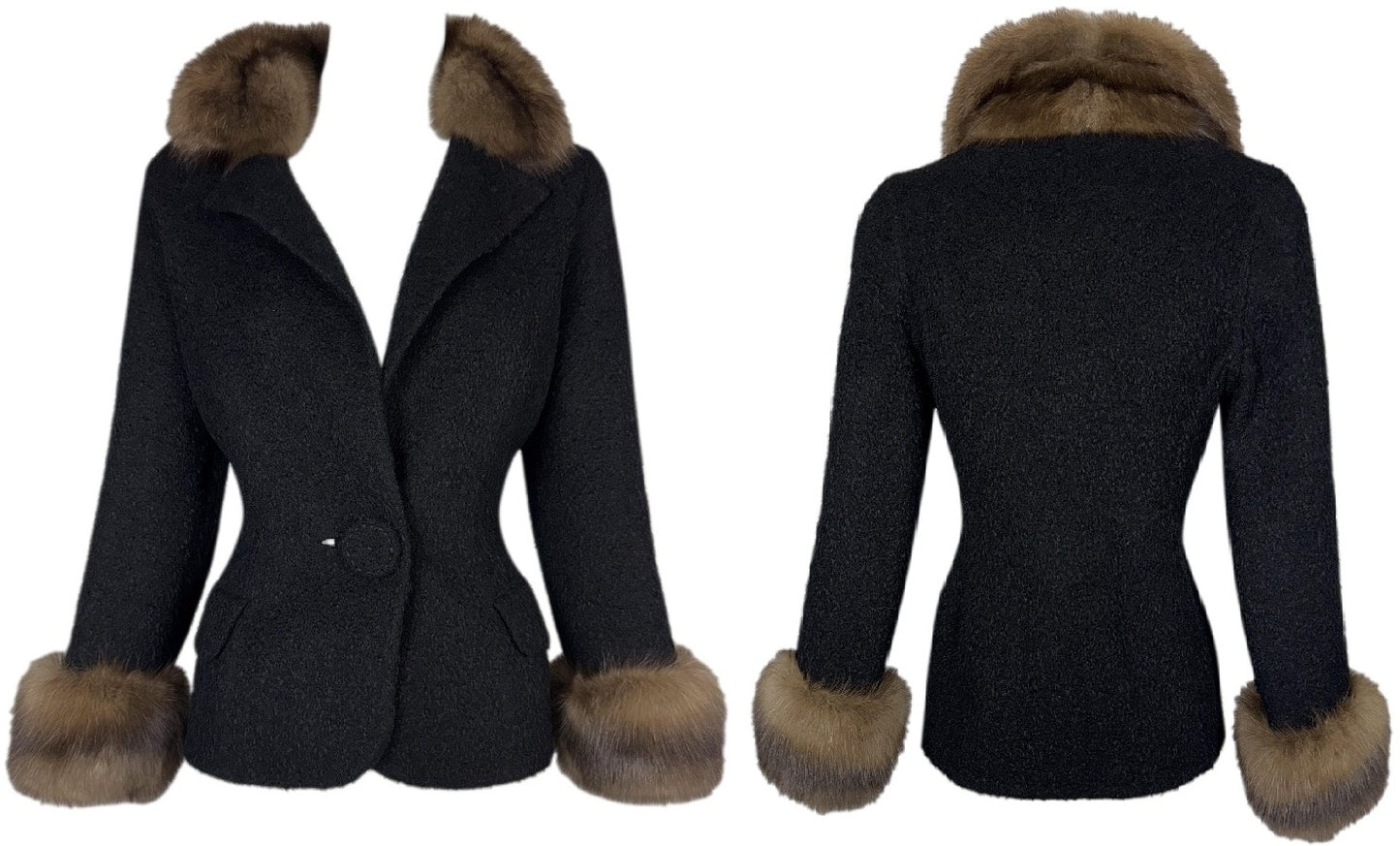 2000's Valentino Haute Couture Black Wool 1940's Old Hollywood Style Fitted Black Jacket w Sable Fur Trim & Collar