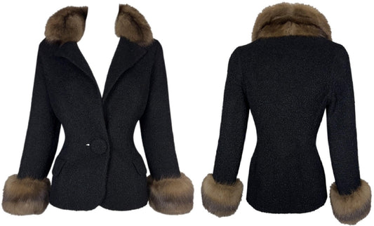 2000's Valentino Haute Couture Black Wool 1940's Old Hollywood Style Fitted Black Jacket w Sable Fur Trim & Collar