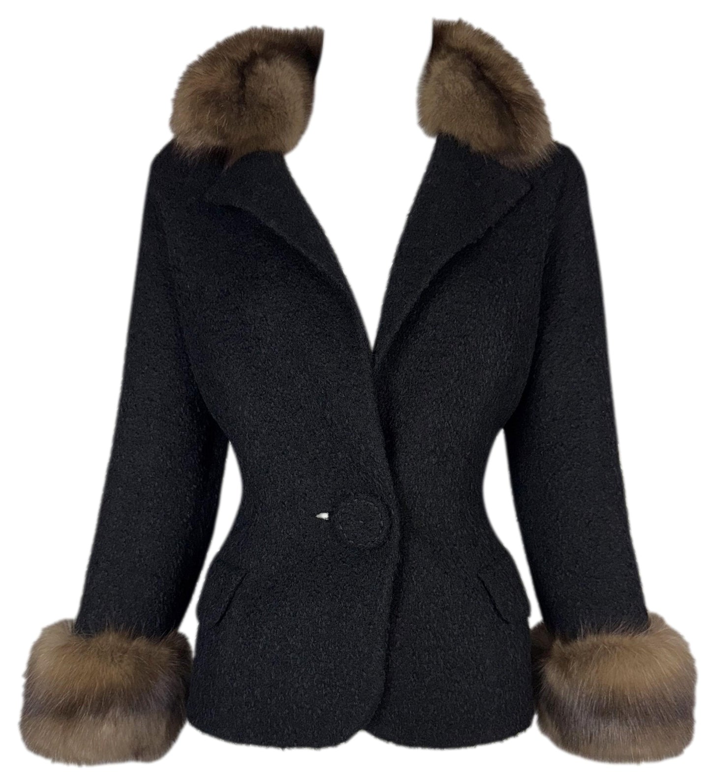 2000's Valentino Haute Couture Black Wool 1940's Old Hollywood Style Fitted Black Jacket w Sable Fur Trim & Collar
