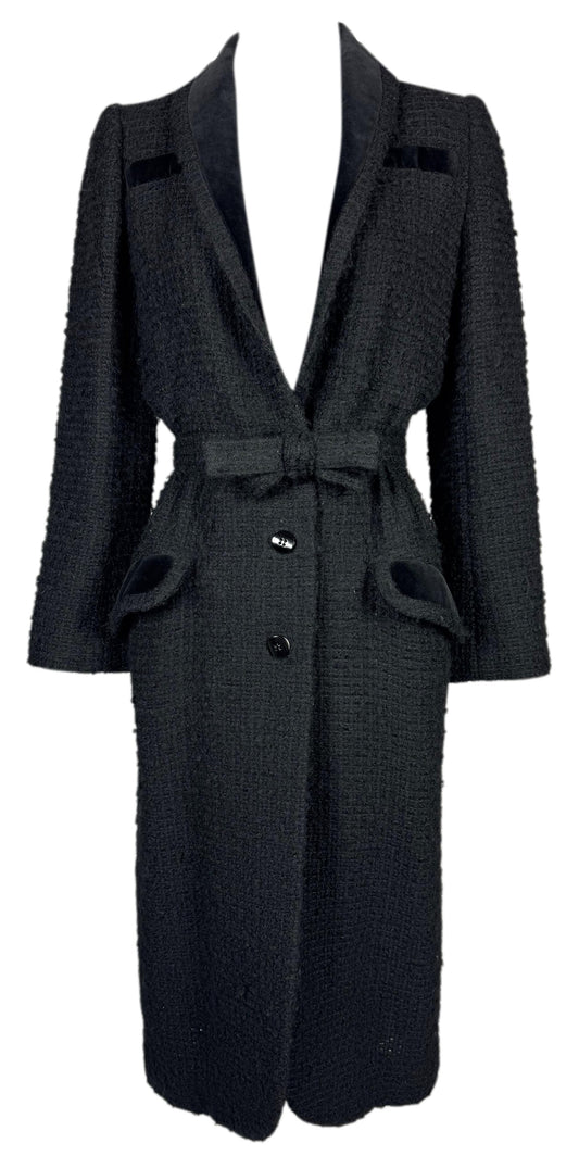 Vintage 1990's Valentino Haute Couture Black Boucle Princess 1950's Breakfast At Tiffany's Style Bow Belted Coat Jacket