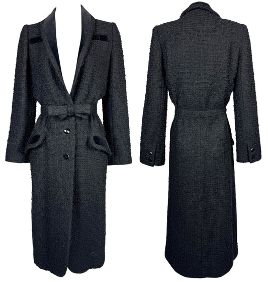 Vintage 1990's Valentino Haute Couture Black Boucle Princess 1950's Breakfast At Tiffany's Style Bow Belted Coat Jacket
