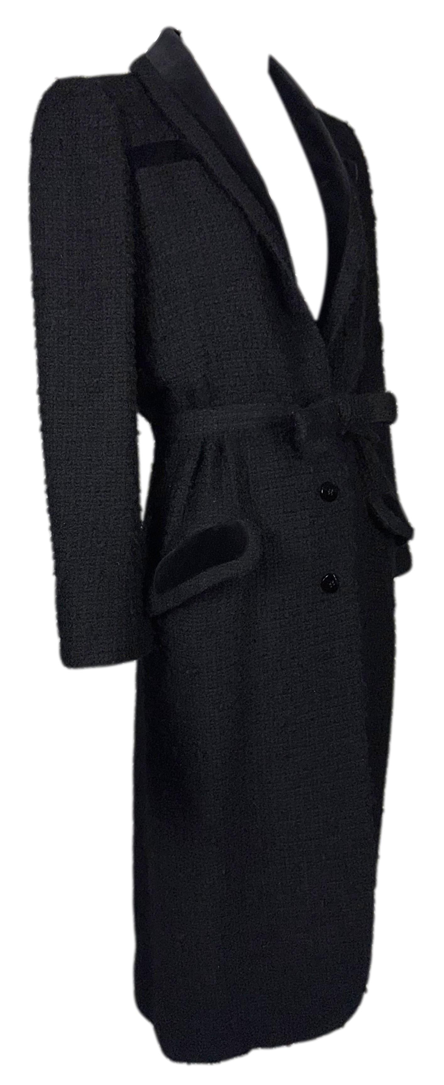 Vintage 1990's Valentino Haute Couture Black Boucle Princess 1950's Breakfast At Tiffany's Style Bow Belted Coat Jacket