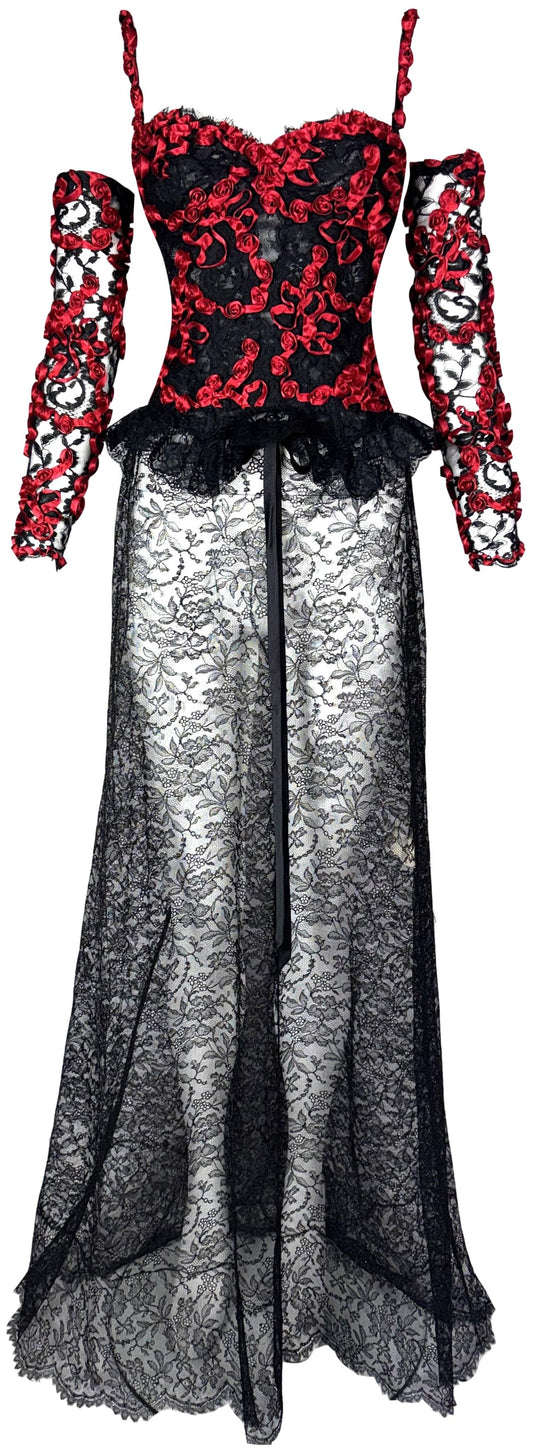 Vintage 1990's Valentino Sheer Black Goth Queen of Hearts Red Roses Bustier w Sleeves & Lace Maxi Skirt Set