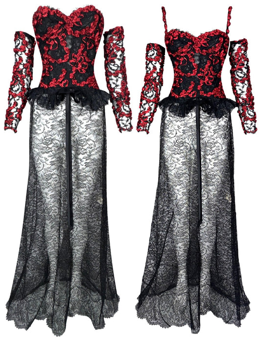 Vintage 1990's Valentino Sheer Black Goth Queen of Hearts Red Roses Bustier w Sleeves & Lace Maxi Skirt Set