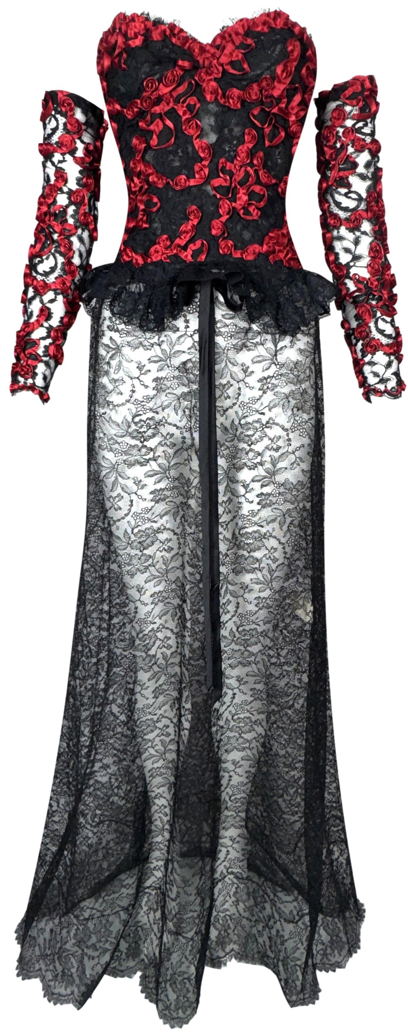 Vintage 1990's Valentino Sheer Black Goth Queen of Hearts Red Roses Bustier w Sleeves & Lace Maxi Skirt Set