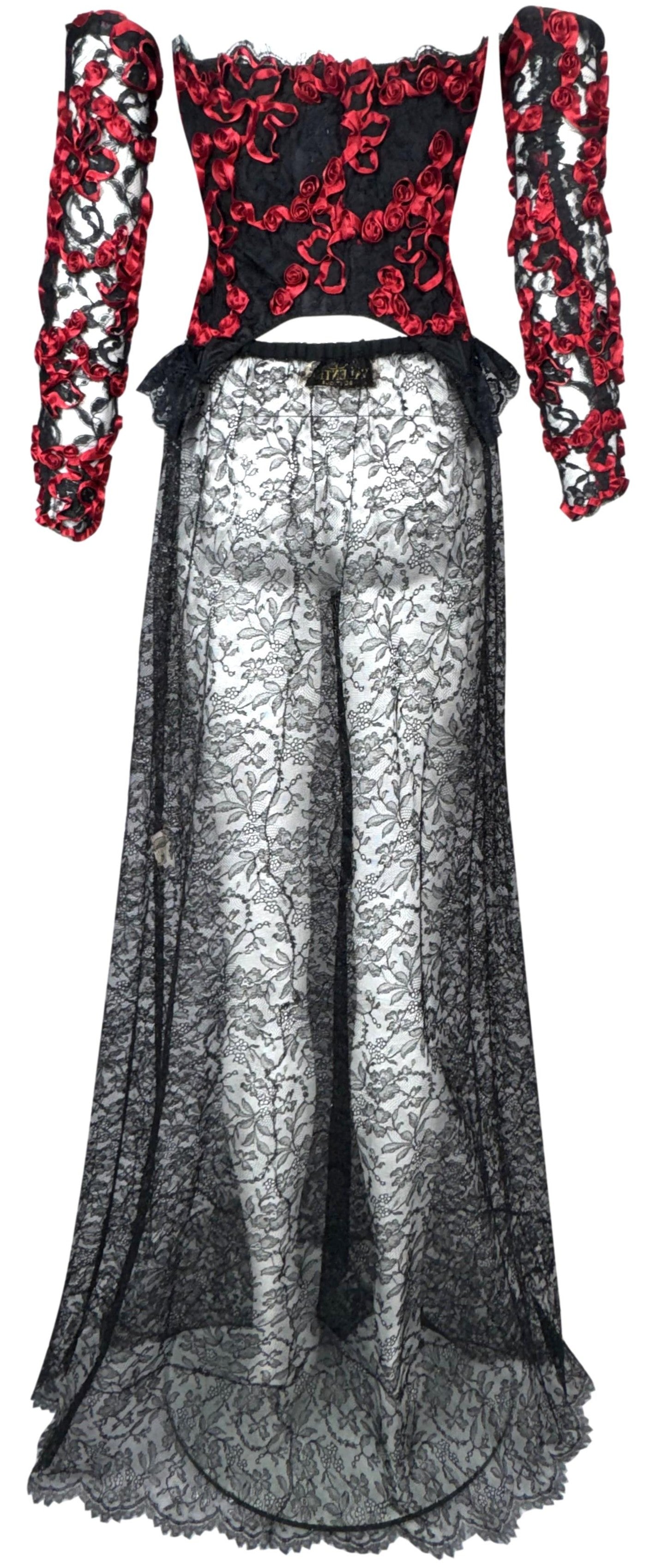 Vintage 1990's Valentino Sheer Black Goth Queen of Hearts Red Roses Bustier w Sleeves & Lace Maxi Skirt Set