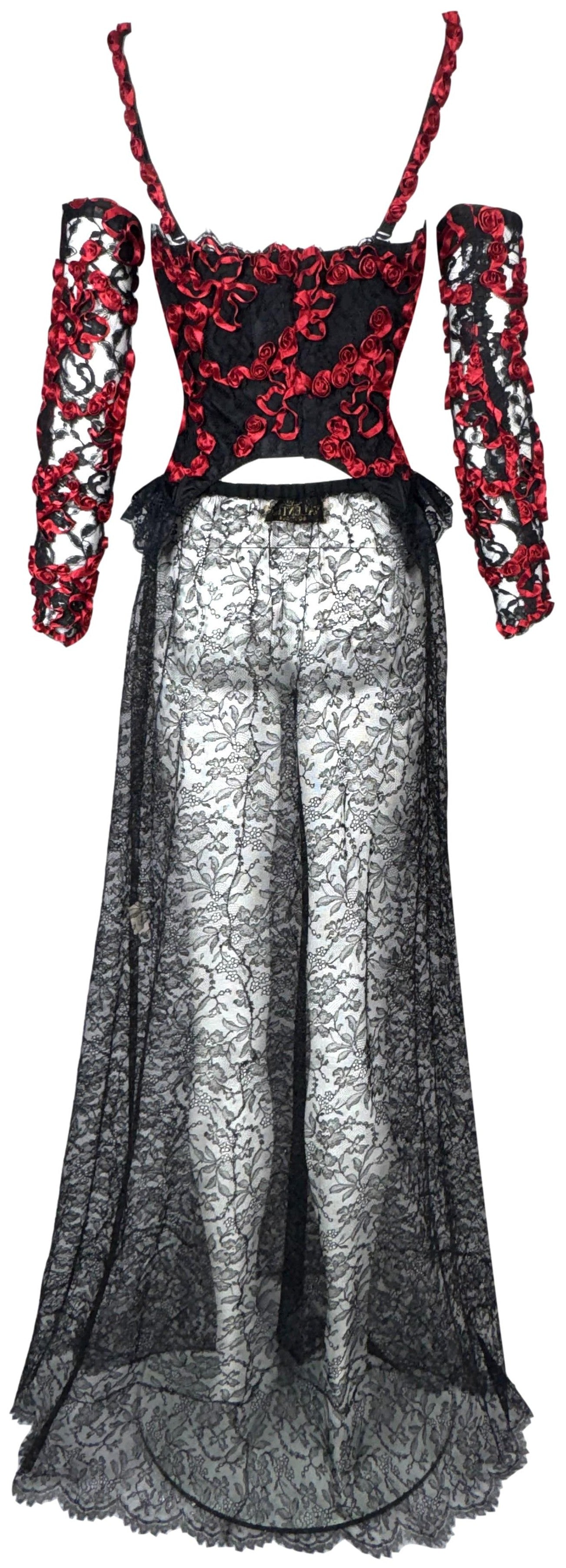 Vintage 1990's Valentino Sheer Black Goth Queen of Hearts Red Roses Bustier w Sleeves & Lace Maxi Skirt Set