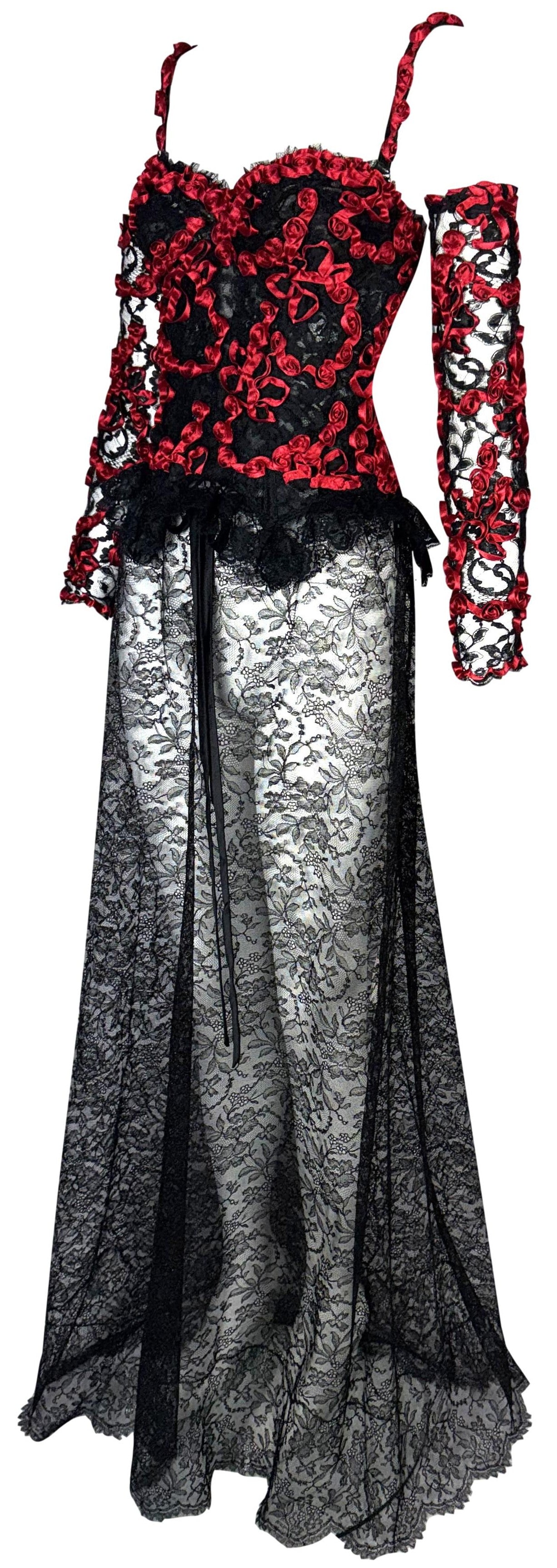 Vintage 1990's Valentino Sheer Black Goth Queen of Hearts Red Roses Bustier w Sleeves & Lace Maxi Skirt Set