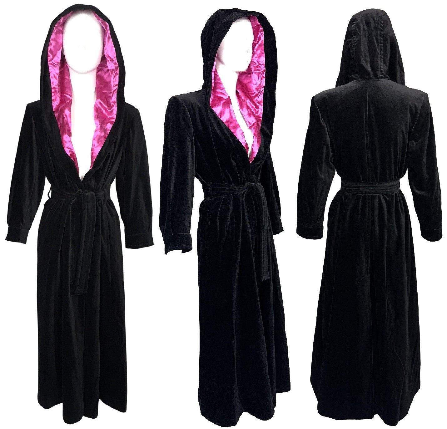 1990's Yves Saint Laurent YSL Black Velvet Hooded Hot Pink Silk Lined Long Maxi Coat Jacket